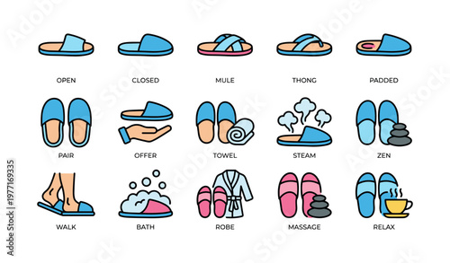 Colorful slipper icons: styles, relaxation, spa, comfort, wellness