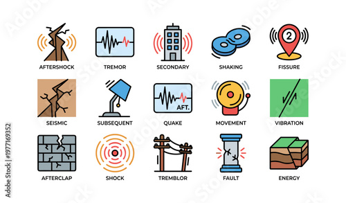 Earthquake symbols collection featuring tremors, fissures, and vibrations