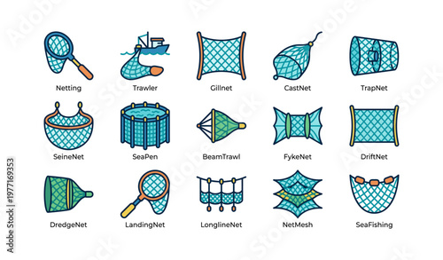 Various types of fishing nets and equipment illustrated with names