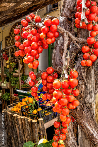 Vibrant clusters of Campanian cherry tomatoes hanging in a traditional Italian produce shop, rich in color and texture
