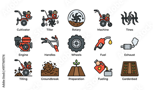 Agricultural machinery icons featuring cultivator and tiller components
