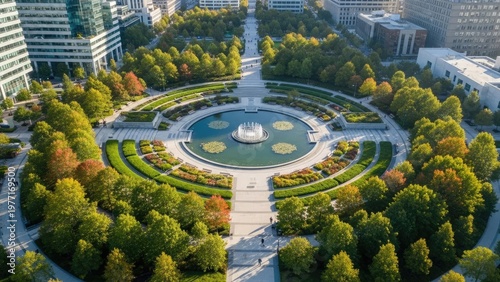 Aerial view of a beautiful urban park with a large fountain and walking paths