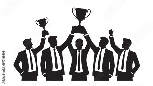 Five business professionals raising hands in celebration