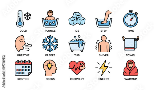 Cold therapy icons: ice bath, towel, timer, energy, recovery focus
