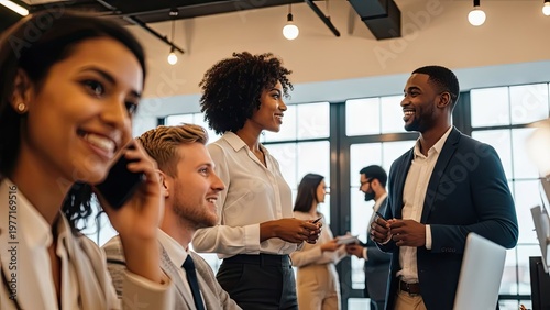 A diverse group of business professionals networking in a modern office