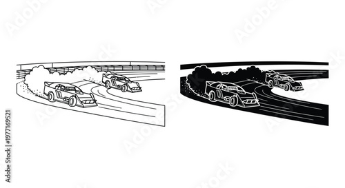 Racing cars compete on a track depicted in a striking black and white silhouette