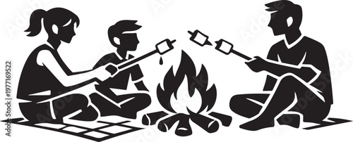 Geometric group toasting marshmallows over bonfire flames