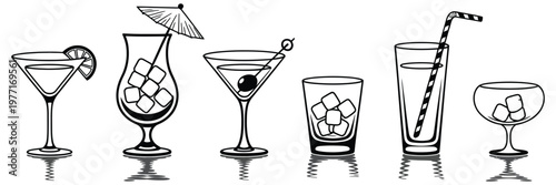 Hand drawn bar alcohol and cocktail icon set in ink line style with clover elements, Saint Patrick day themed illustrations for card, poster, invitation, banner and restaurant menu design