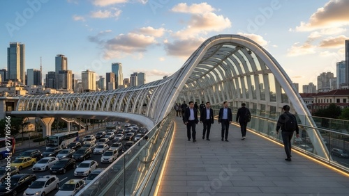 People walking on a modern pedestrian bridge in a bustling city