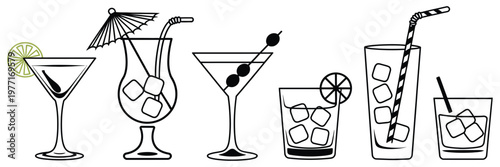 Bar alcohol and cocktail icon set in hand drawn line ink style with clover elements, Saint Patrick day themed illustrations for card, poster, invitation, banner and restaurant menu design