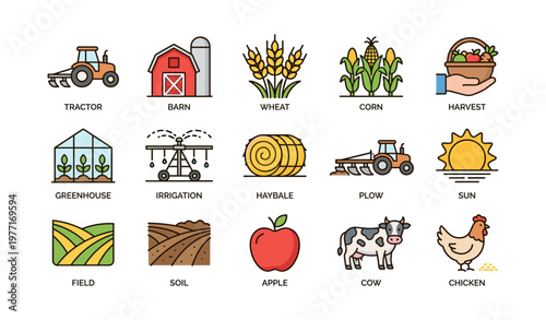 Colorful farm icons set: tractor, barn, crops, animals, and harvest