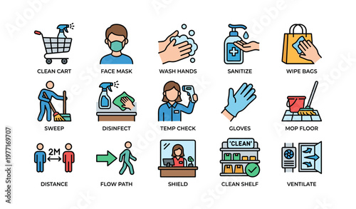 Essential hygiene and safety practices icons for public health