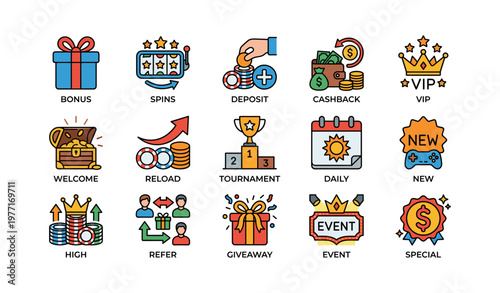 Colorful game reward icons: bonus, spins, deposit, cashback, vip, welcome, reload, tournament