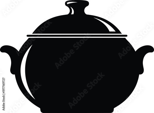 Silhouette antique casserole dish with handles and lid vector illustration
