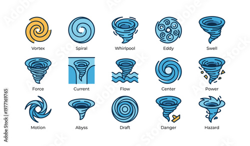 Set of whirlwind icons including vortex, spiral, whirlpool, eddy, and swell designs