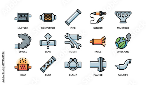 Automotive exhaust system components with icons for sensors, pipes, and emissions