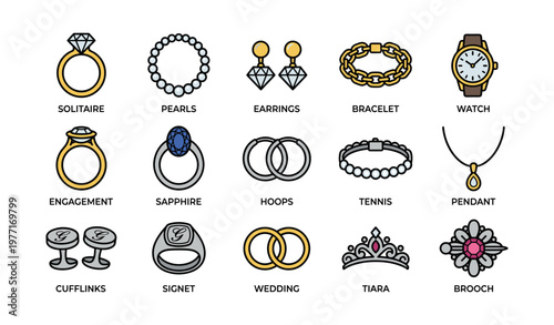 Elegant jewelry icons: rings, earrings, bracelets, and more
