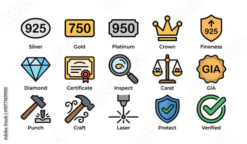 Jewelry icons including silver gold platinum crown diamond certificate shield and checkmark