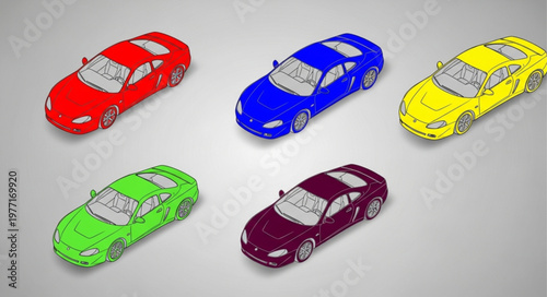 Collection of colorful toy sports cars arranged on a plain background.