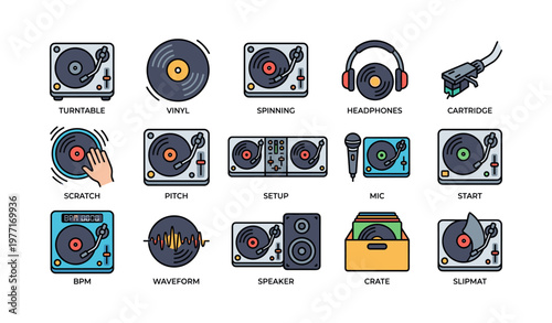 Colorful dj equipment and music icons set featuring turntables and headphones