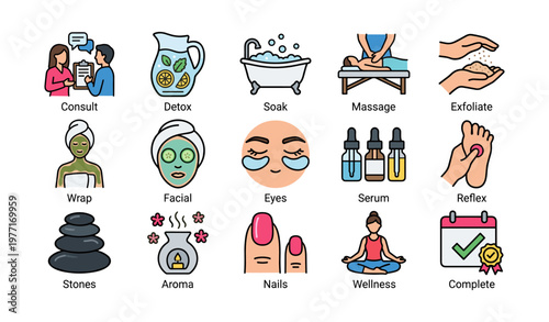 Spa treatment icons: relaxation, detox, massage, and wellness elements