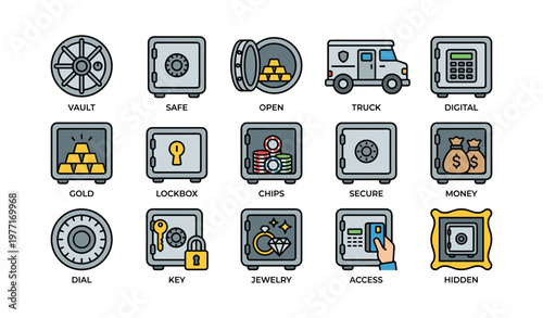 Vault and safe icons collection featuring security and storage elements