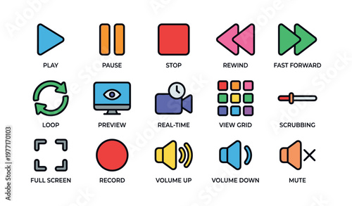 Colorful media control icons for playback and recording functions