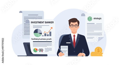 Professional investment banker character working at office desk with financial documents. EPS Editable. Vector Illustrations.