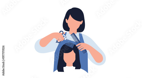 Professional hairstylist cutting hair for a female client. EPS Editable. Vector Illustrations.