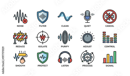 Audio processing icons featuring noise, filter, and control symbols