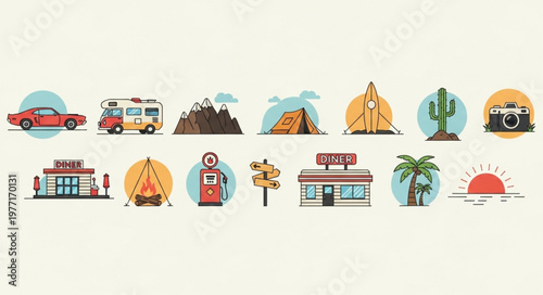Retro American Desert Road Trip Icons Collection.