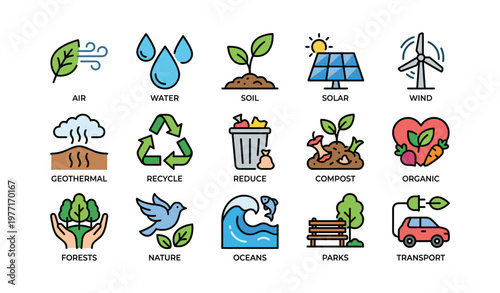 Eco-friendly icons: sustainable energy, recycling, nature conservation visuals