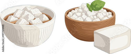 Flat vector illustration of fresh dairy and plant-based protein products featuring cottage cheese with basil in a wooden bowl, diced feta in a ceramic dish, and a block of tofu.