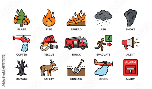 Fire safety and prevention icon set including fire trucks and safety equipment