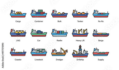 Colorful icons of various cargo ships including tanker and drillship
