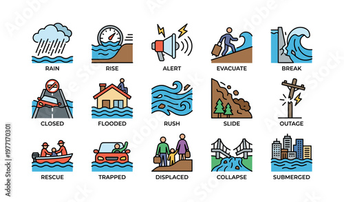 Natural disaster icons: weather alerts, floods, evacuation, and rescue operations