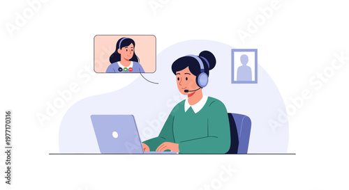 Professional woman working with a laptop during a video conference call. EPS Editable. Vector Illustrations.