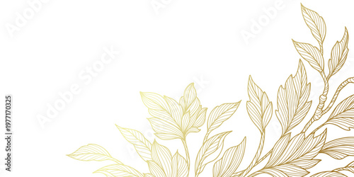 Luxury floral background in line art style with golden hand drawn branches and leaves isolated on white background. Botanical frame, corner. Vector pattern for wedding invitation, card, banner, cover	