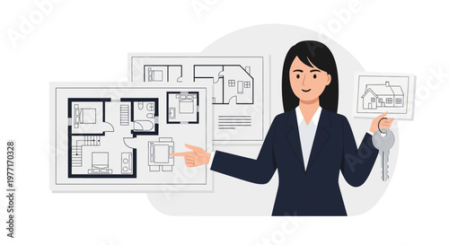 Real Estate Agent Presenting New House Floor Plan and Keys. EPS Editable. Vector Illustrations.