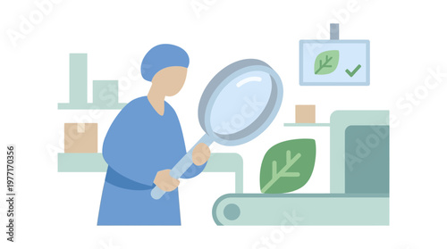 Scientist examining a leaf on a laboratory conveyor belt. EPS Editable. Vector Illustrations.