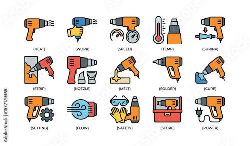 Colorful icons set illustrating various functions and tools of heat guns