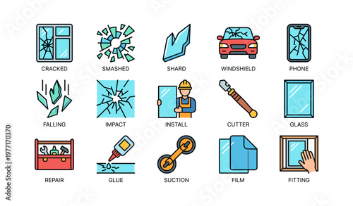 Car glass damage and repair icons: cracked windshield, broken glass, repair tools