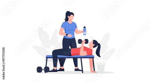Personal trainer helping woman with dumbbell chest press exercise. EPS Editable. Vector Illustrations.