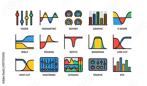 Colorful audio equalizer and filter icons collection