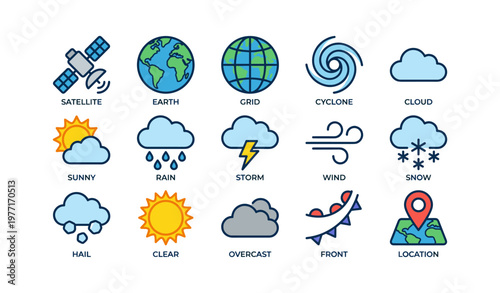 Weather icons: satellite, earth, cyclone, cloud, sun, rain, wind, snow, location