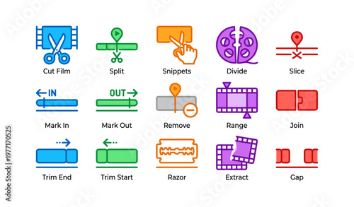 Colorful film and video editing icons with scissors and film reels