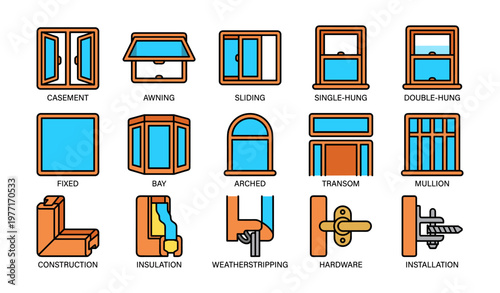 Types of windows and components icons with casement awning sliding and more