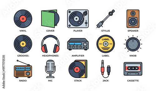 Vintage audio icons featuring vinyl, turntable, microphone, headphones, radio, and cassette