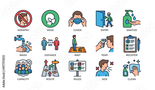 Covid-19 safety measures icons: masks, sanitizing, social distancing, temperature checks, hygiene protocols