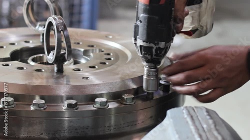 Technician using electric cordless impact wrench to tighten bolts on heavy metal gear in industrial workshop.